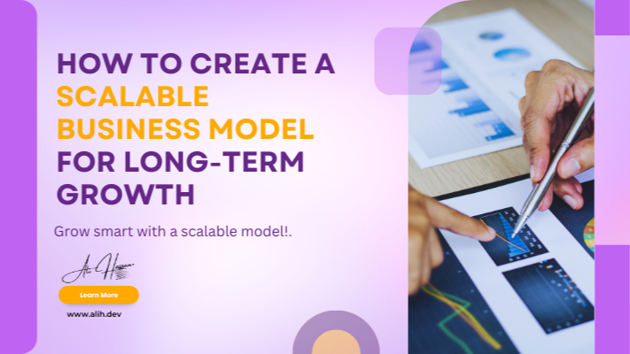 Steps towards building a scalable business model for long-term success with icons representing growth, automation, flexibility, and partnerships.